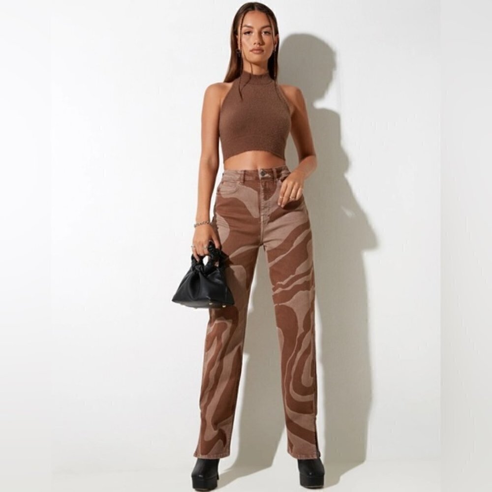 MOTEL X IRIS Straight Leg High Waisted Denim Jeans - Laser Swirl Brown - S Small